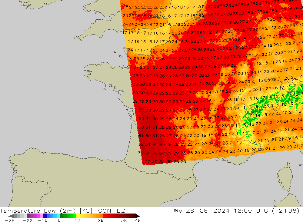 Tiefstwerte (2m) ICON-D2 Mi 26.06.2024 18 UTC