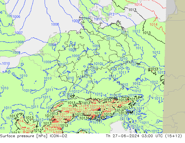 Atmosférický tlak ICON-D2 Čt 27.06.2024 03 UTC