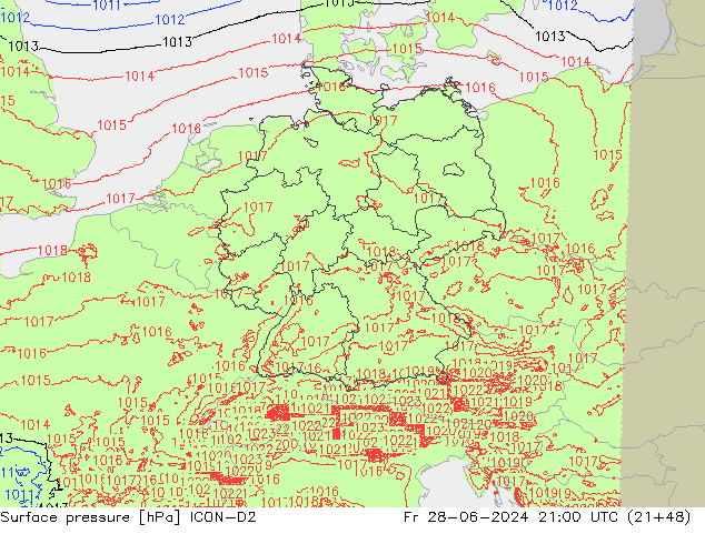 Atmosférický tlak ICON-D2 Pá 28.06.2024 21 UTC