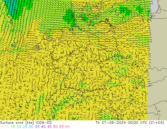 风 10 米 ICON-D2 星期四 27.06.2024 00 UTC