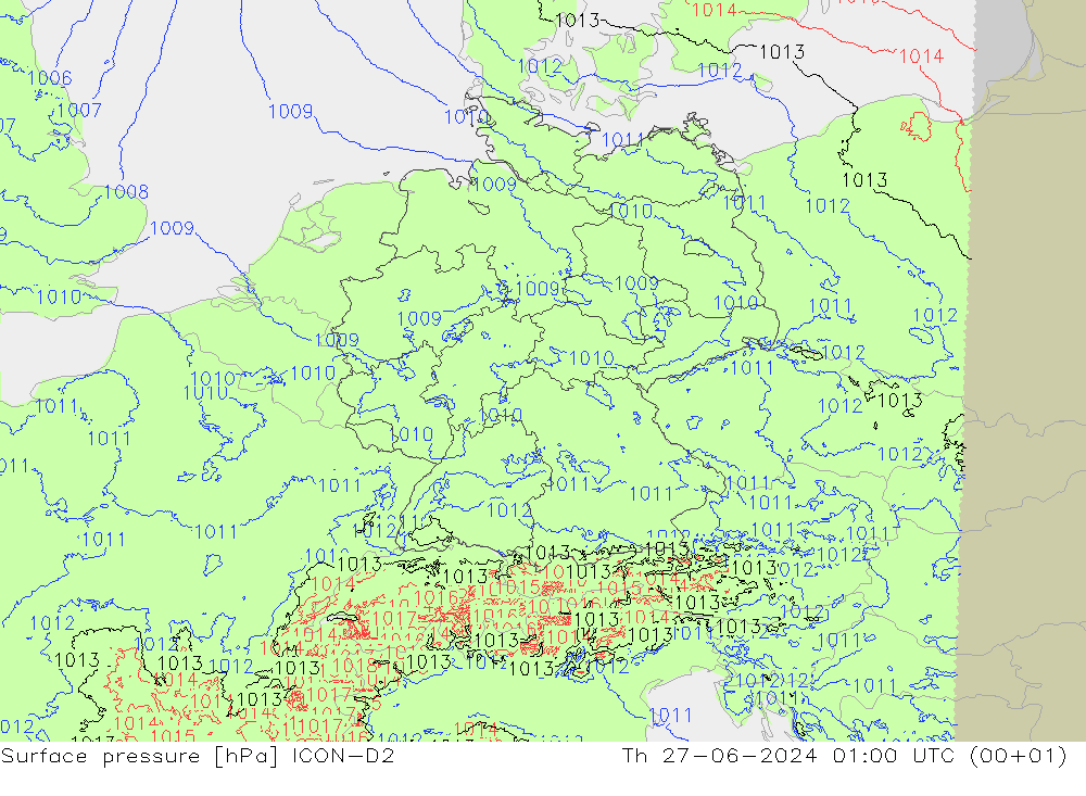 地面气压 ICON-D2 星期四 27.06.2024 01 UTC
