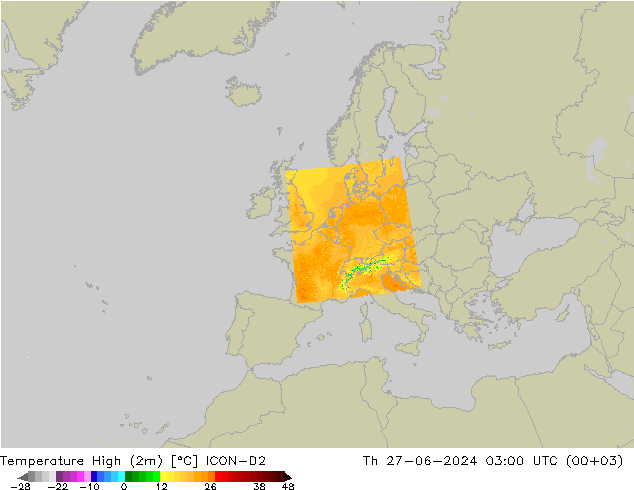 Temperature High (2m) ICON-D2 星期四 27.06.2024 03 UTC