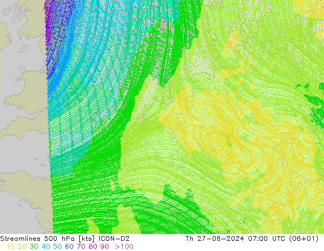 风 500 hPa ICON-D2 星期四 27.06.2024 07 UTC