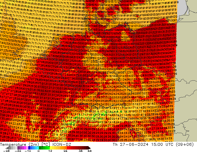 Temperatuurkaart (2m) ICON-D2 do 27.06.2024 15 UTC