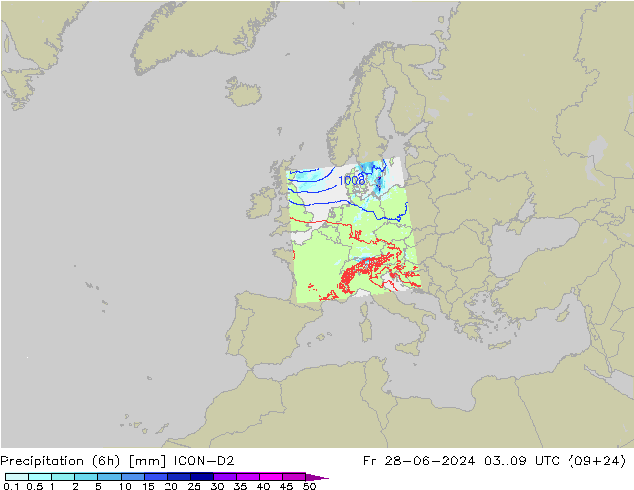 Precipitación (6h) ICON-D2 vie 28.06.2024 09 UTC