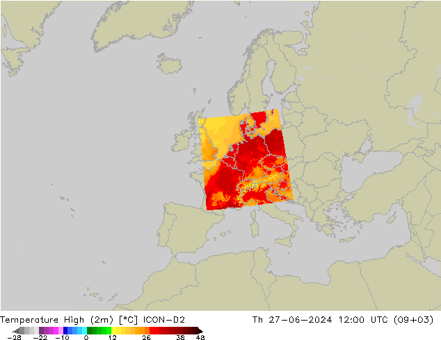 Temperature High (2m) ICON-D2 星期四 27.06.2024 12 UTC