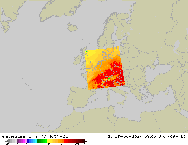 Temperatuurkaart (2m) ICON-D2 za 29.06.2024 09 UTC