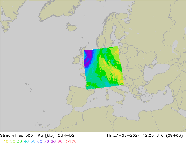 Línea de corriente 300 hPa ICON-D2 jue 27.06.2024 12 UTC
