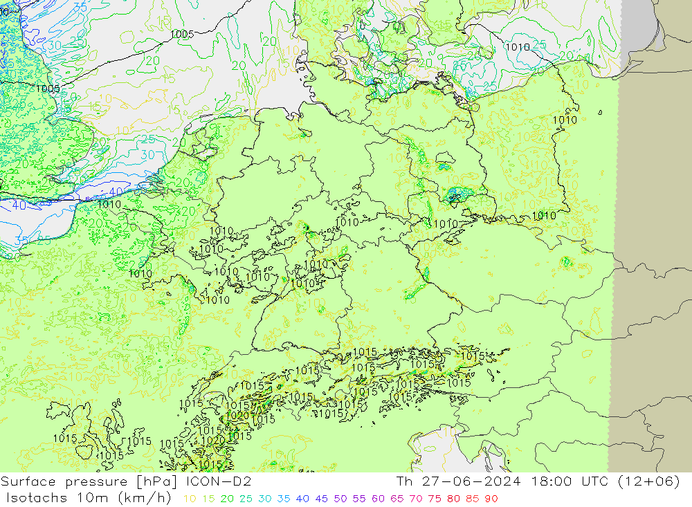 10米等风速线 (kph) ICON-D2 星期四 27.06.2024 18 UTC