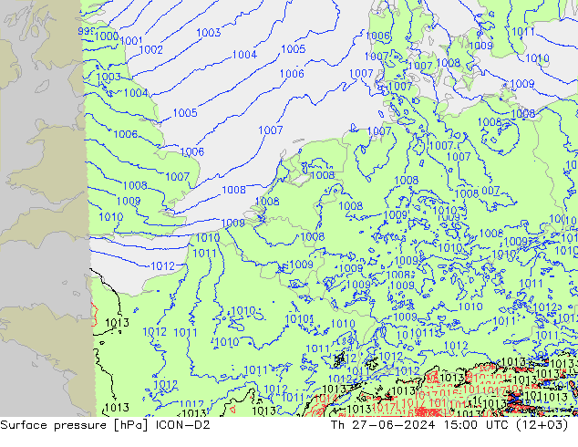 地面气压 ICON-D2 星期四 27.06.2024 15 UTC