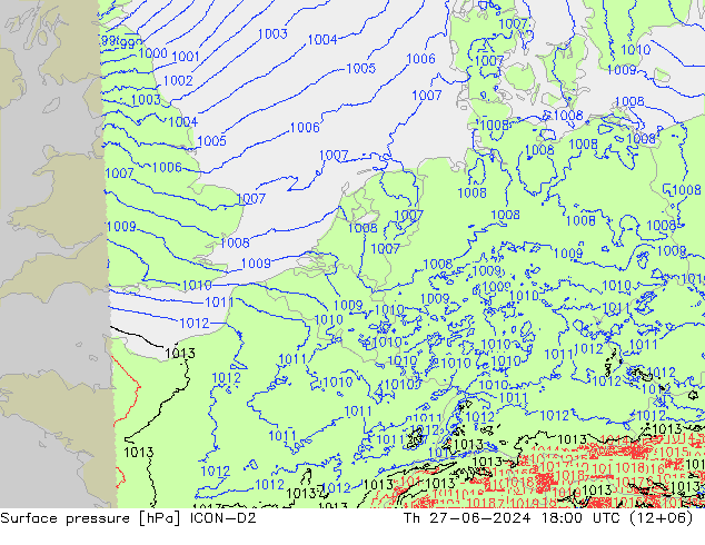 地面气压 ICON-D2 星期四 27.06.2024 18 UTC