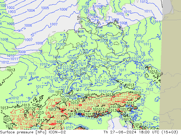 地面气压 ICON-D2 星期四 27.06.2024 18 UTC
