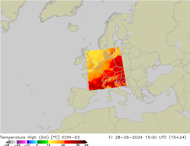 Temperature High (2m) ICON-D2 星期五 28.06.2024 15 UTC