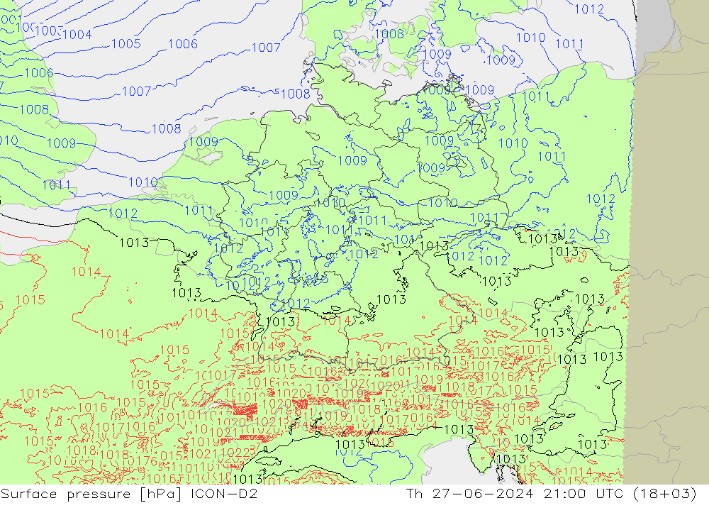 地面气压 ICON-D2 星期四 27.06.2024 21 UTC
