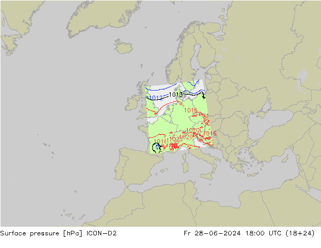 Luchtdruk (Grond) ICON-D2 vr 28.06.2024 18 UTC