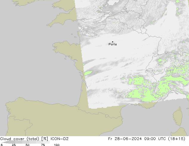 Cloud cover (total) ICON-D2 Fr 28.06.2024 09 UTC