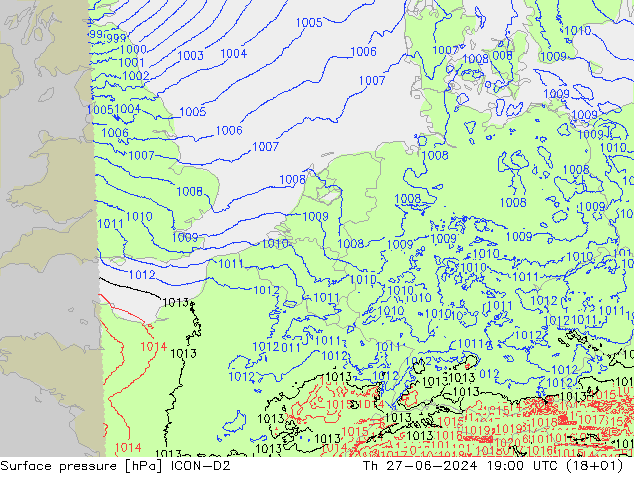 地面气压 ICON-D2 星期四 27.06.2024 19 UTC
