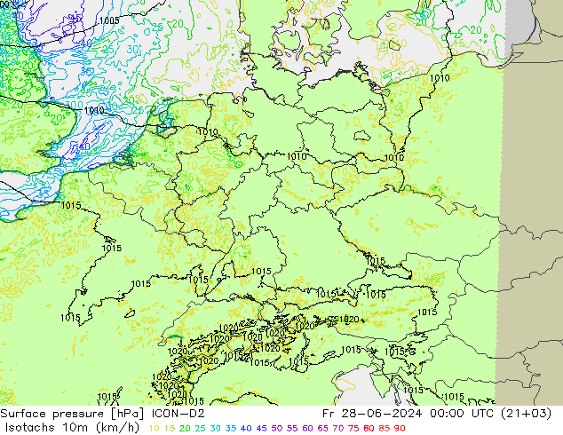 10米等风速线 (kph) ICON-D2 星期五 28.06.2024 00 UTC