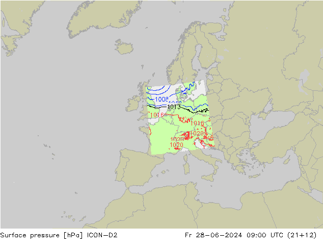 地面气压 ICON-D2 星期五 28.06.2024 09 UTC