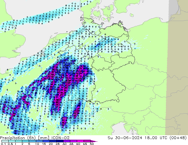 Precipitation (6h) ICON-D2 Su 30.06.2024 00 UTC
