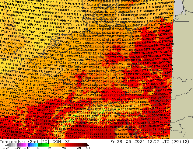 Temperatuurkaart (2m) ICON-D2 vr 28.06.2024 12 UTC