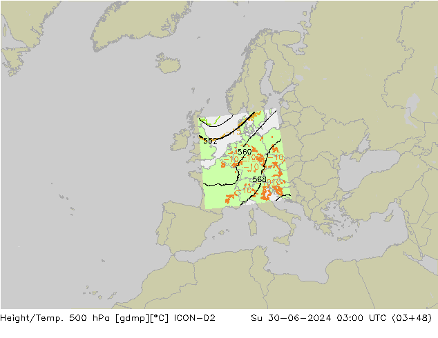 Hoogte/Temp. 500 hPa ICON-D2 zo 30.06.2024 03 UTC