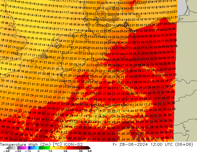 Max.temperatuur (2m) ICON-D2 vr 28.06.2024 12 UTC