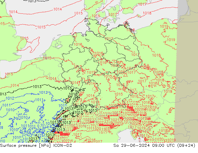 地面气压 ICON-D2 星期六 29.06.2024 09 UTC