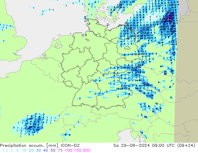Precipitation accum. ICON-D2 星期六 29.06.2024 09 UTC