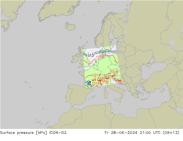 Luchtdruk (Grond) ICON-D2 vr 28.06.2024 21 UTC