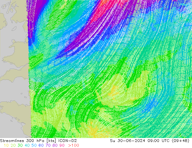 风 300 hPa ICON-D2 星期日 30.06.2024 09 UTC