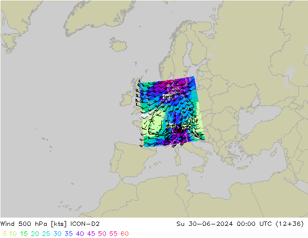 Wind 500 hPa ICON-D2 Su 30.06.2024 00 UTC