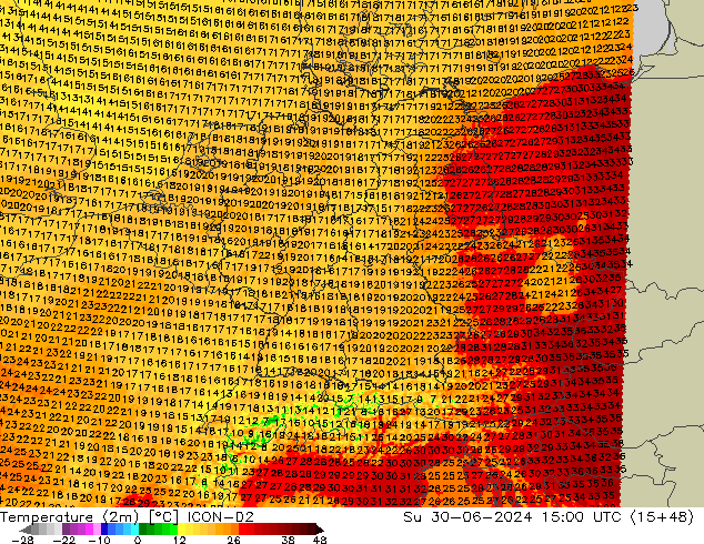 Temperatuurkaart (2m) ICON-D2 zo 30.06.2024 15 UTC