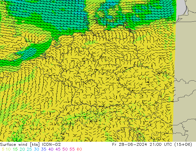 风 10 米 ICON-D2 星期五 28.06.2024 21 UTC
