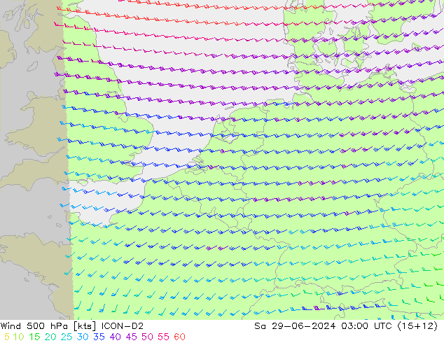 风 500 hPa ICON-D2 星期六 29.06.2024 03 UTC