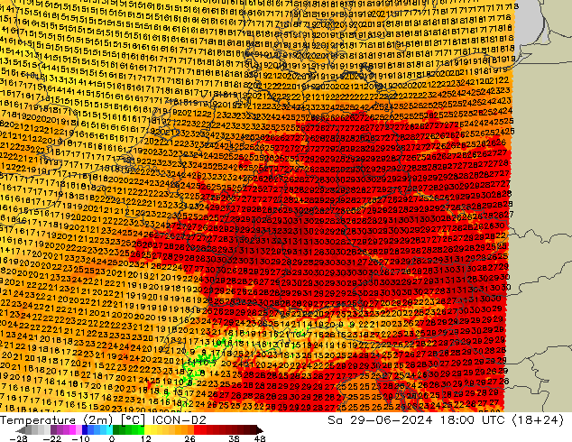 Temperatuurkaart (2m) ICON-D2 za 29.06.2024 18 UTC
