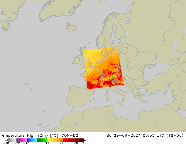 Temperature High (2m) ICON-D2 星期六 29.06.2024 00 UTC