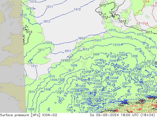 地面气压 ICON-D2 星期六 29.06.2024 18 UTC