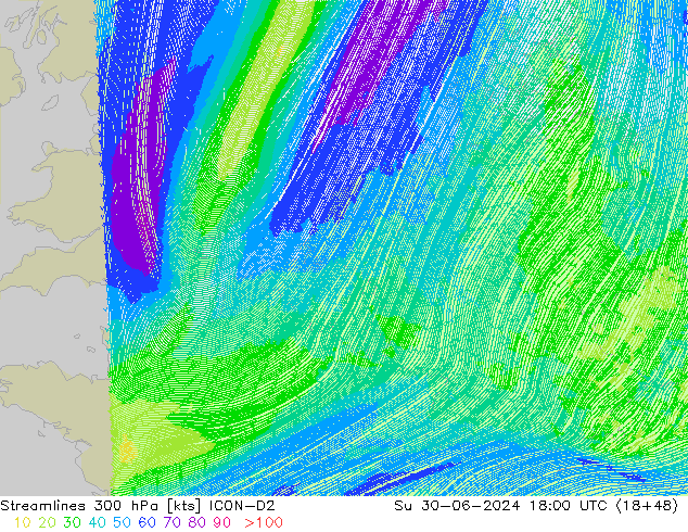 风 300 hPa ICON-D2 星期日 30.06.2024 18 UTC