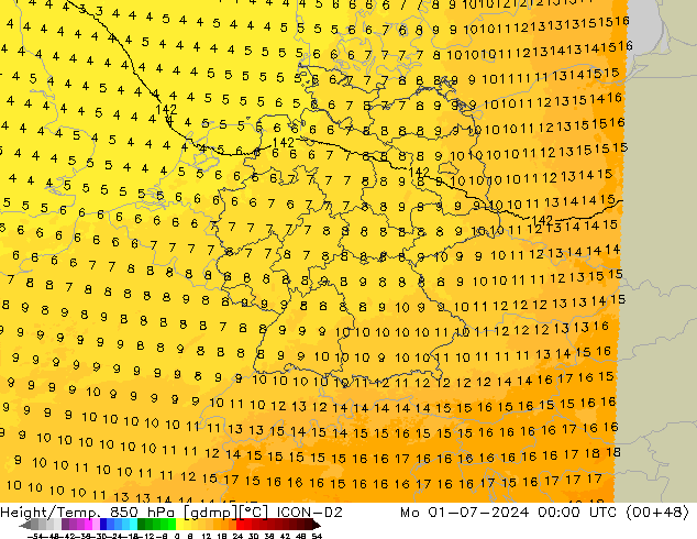 Hoogte/Temp. 850 hPa ICON-D2 ma 01.07.2024 00 UTC