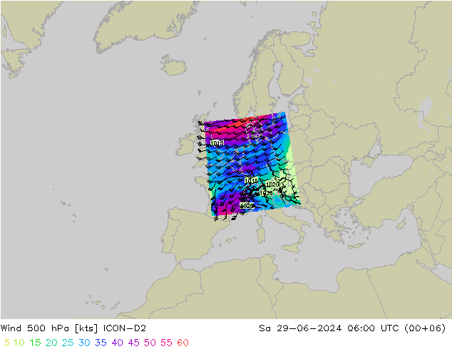 风 500 hPa ICON-D2 星期六 29.06.2024 06 UTC