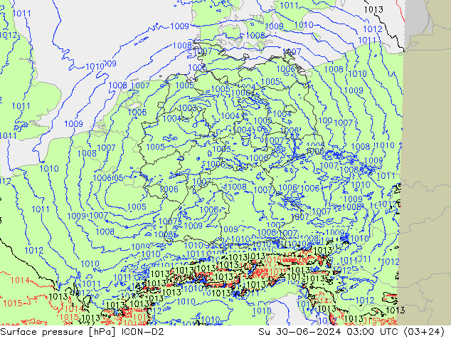 地面气压 ICON-D2 星期日 30.06.2024 03 UTC