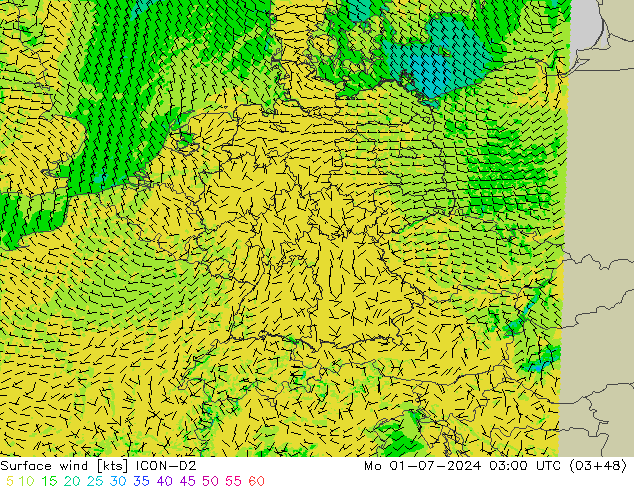 风 10 米 ICON-D2 星期一 01.07.2024 03 UTC