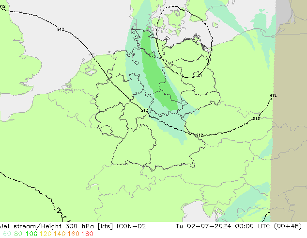 高速氣流 ICON-D2 星期二 02.07.2024 00 UTC