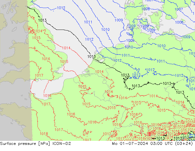 地面气压 ICON-D2 星期一 01.07.2024 03 UTC