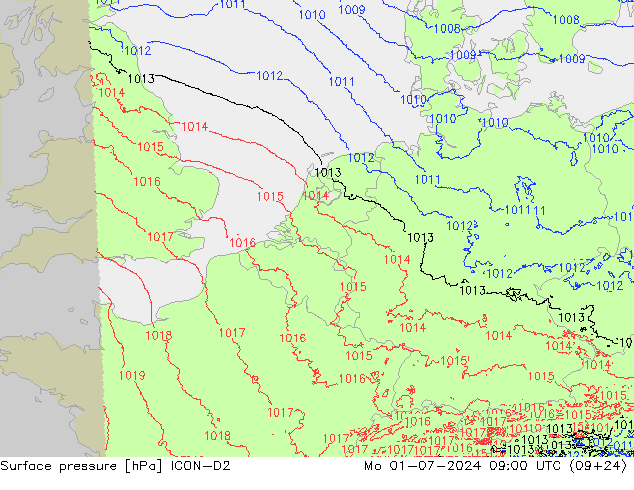 地面气压 ICON-D2 星期一 01.07.2024 09 UTC