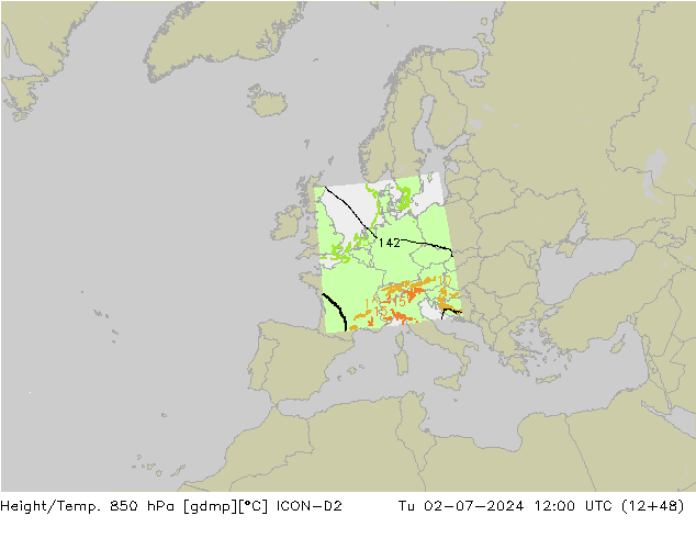 Hoogte/Temp. 850 hPa ICON-D2 di 02.07.2024 12 UTC