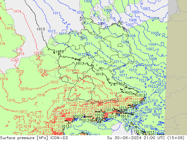 地面气压 ICON-D2 星期日 30.06.2024 21 UTC