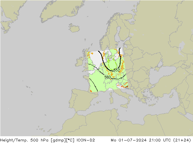 Hoogte/Temp. 500 hPa ICON-D2 ma 01.07.2024 21 UTC