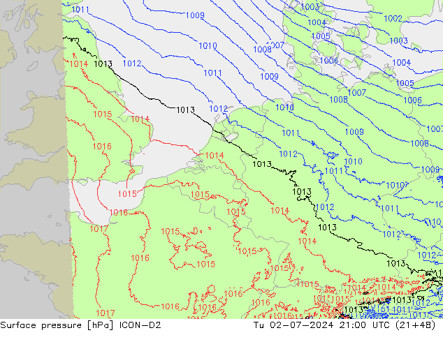 地面气压 ICON-D2 星期二 02.07.2024 21 UTC